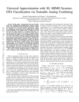 Universal Approximation with XL MIMO Systems: OTA Classification via Trainable Analog Combining