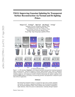 TSGS: Improving Gaussian Splatting for Transparent Surface Reconstruction via Normal and De-lighting Priors