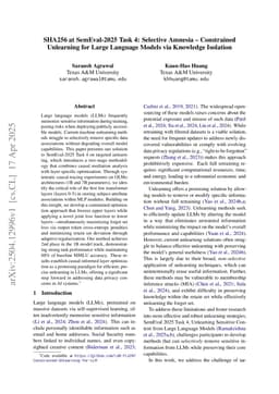 SHA256 at SemEval-2025 Task 4: Selective Amnesia -- Constrained Unlearning for Large Language Models via Knowledge Isolation