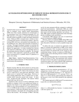 Accelerated Optimization of Implicit Neural Representations for CT Reconstruction