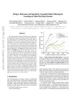 ReSpec: Relevance and Specificity Grounded Online Filtering for Learning on Video-Text Data Streams
