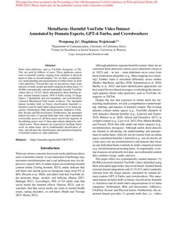 MetaHarm: Harmful YouTube Video Dataset Annotated by Domain Experts, GPT-4-Turbo, and Crowdworkers