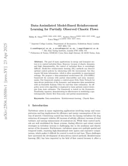 Data-Assimilated Model-Based Reinforcement Learning for Partially Observed Chaotic Flows