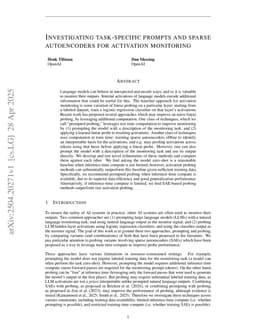 Investigating task-specific prompts and sparse autoencoders for activation monitoring