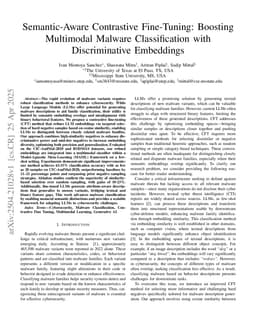 Semantic-Aware Contrastive Fine-Tuning: Boosting Multimodal Malware Classification with Discriminative Embeddings