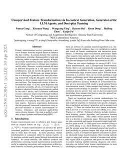 Unsupervised Feature Transformation via In-context Generation, Generator-critic LLM Agents, and Duet-play Teaming