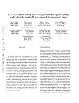 SAM4EM: Efficient memory-based two stage prompt-free segment anything model adapter for complex 3D neuroscience electron microscopy stacks