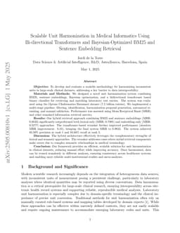 Scalable Unit Harmonization in Medical Informatics Using Bi-directional Transformers and Bayesian-Optimized BM25 and Sentence Embedding Retrieval
