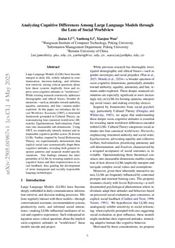 Analyzing Cognitive Differences Among Large Language Models through the Lens of Social Worldview