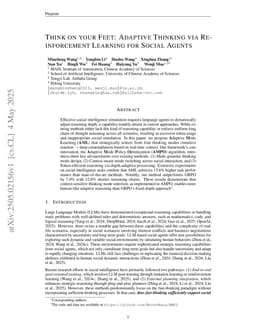 Think on your Feet: Adaptive Thinking via Reinforcement Learning for Social Agents