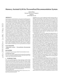 Memory Assisted LLM for Personalized Recommendation System