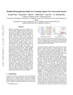 Reliable Disentanglement Multi-view Learning Against View Adversarial Attacks