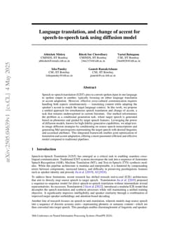 Language translation, and change of accent for speech-to-speech task using diffusion model