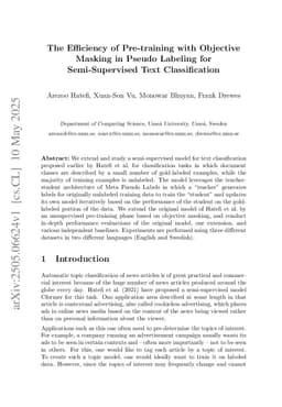 The Efficiency of Pre-training with Objective Masking in Pseudo Labeling for Semi-Supervised Text Classification
