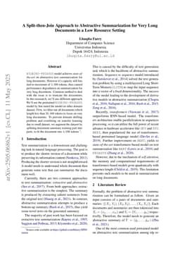 A Split-then-Join Approach to Abstractive Summarization for Very Long Documents in a Low Resource Setting