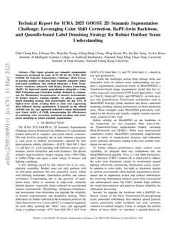 Technical Report for ICRA 2025 GOOSE 2D Semantic Segmentation Challenge: Leveraging Color Shift Correction, RoPE-Swin Backbone, and Quantile-based Label Denoising Strategy for Robust Outdoor Scene Understanding