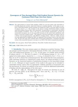 Convergence of Time-Averaged Mean Field Gradient Descent Dynamics for Continuous Multi-Player Zero-Sum Games