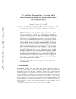 Hyperbolic Contrastive Learning with Model-augmentation for Knowledge-aware Recommendation