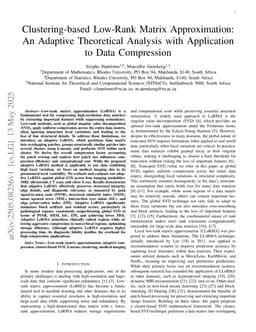 Clustering-based Low-Rank Matrix Approximation: An Adaptive Theoretical Analysis with Application to Data Compression