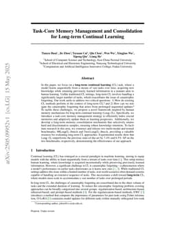 Task-Core Memory Management and Consolidation for Long-term Continual Learning