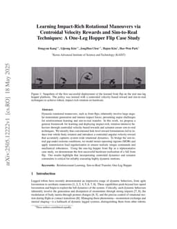 Learning Impact-Rich Rotational Maneuvers via Centroidal Velocity Rewards and Sim-to-Real Techniques: A One-Leg Hopper Flip Case Study
