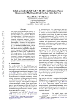Duluth at SemEval-2025 Task 7: TF-IDF with Optimized Vector Dimensions for Multilingual Fact-Checked Claim Retrieval