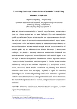 Enhancing Abstractive Summarization of Scientific Papers Using Structure Information