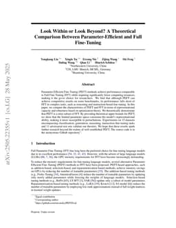 Look Within or Look Beyond? A Theoretical Comparison Between Parameter-Efficient and Full Fine-Tuning
