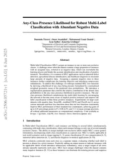 Any-Class Presence Likelihood for Robust Multi-Label Classification with Abundant Negative Data