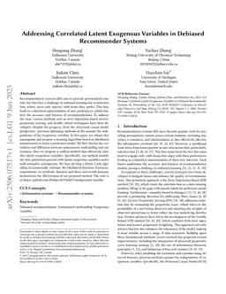 Addressing Correlated Latent Exogenous Variables in Debiased Recommender Systems