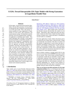 E-LDA: Toward Interpretable LDA Topic Models with Strong Guarantees in Logarithmic Parallel Time