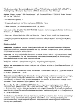 Development and Comparative Evaluation of Three Artificial Intelligence Models (NLP, LLM, JEPA) for Predicting Triage in Emergency Departments: A 7-Month Retrospective Proof-of-Concept