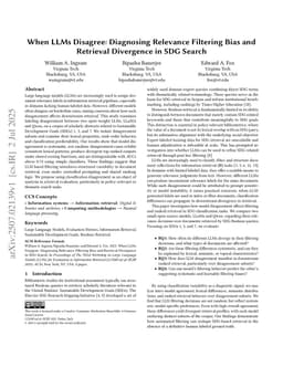 When LLMs Disagree: Diagnosing Relevance Filtering Bias and Retrieval Divergence in SDG Search