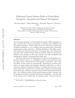 Addressing Camera Sensors Faults in Vision-Based Navigation: Simulation and Dataset Development