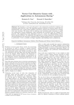 Vector Cost Bimatrix Games with Applications to Autonomous Racing