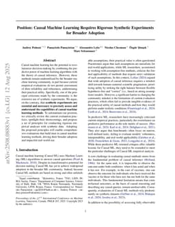 Position: Causal Machine Learning Requires Rigorous Synthetic Experiments for Broader Adoption