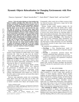 Dynamic Objects Relocalization in Changing Environments with Flow Matching