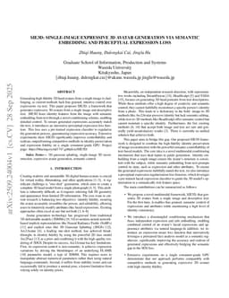 SIE3D: Single-image Expressive 3D Avatar generation via Semantic Embedding and Perceptual Expression Loss